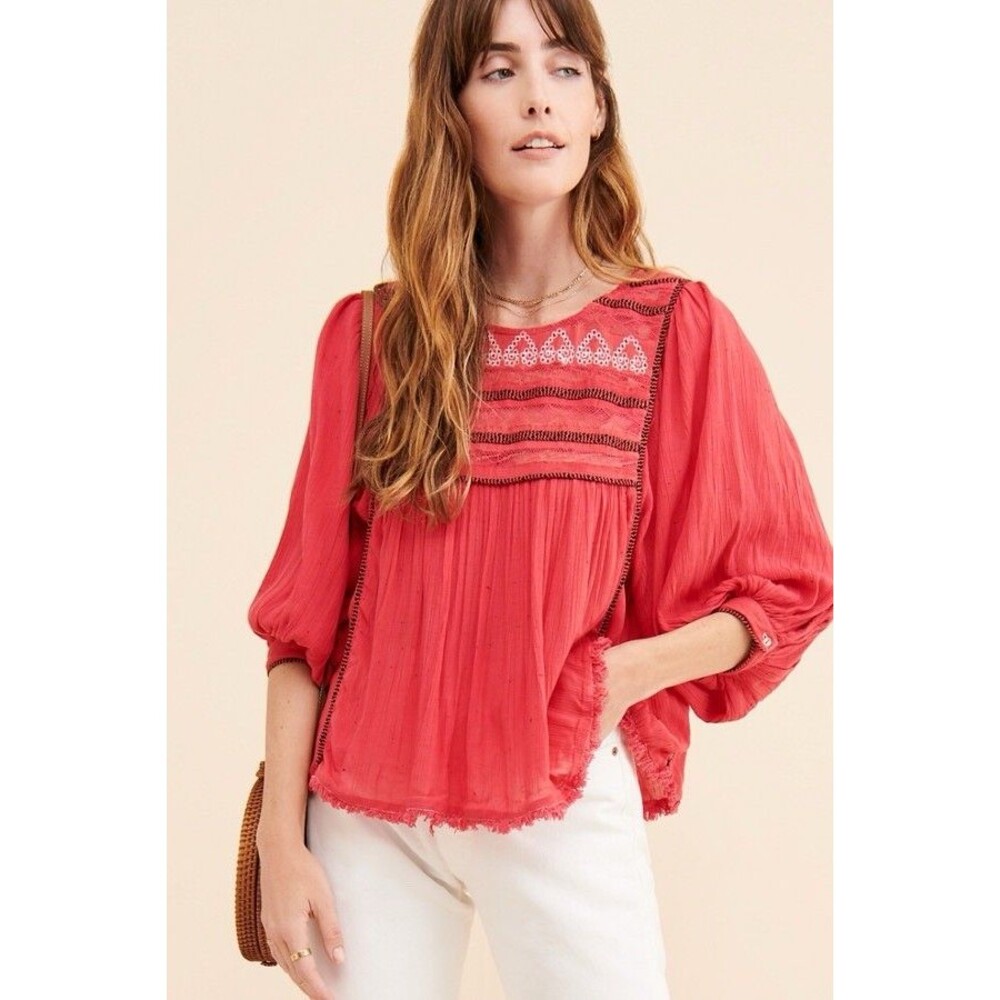 Free People Red Boho Embroidered Lace Peasant Top Women’s Size S/p - Picture 3 of 16